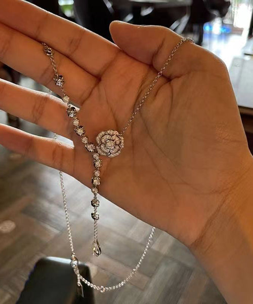 Fashion Silk Sterling Silver Zircon Rose Tassel Pendant Necklace KX1034 Ada Fashion