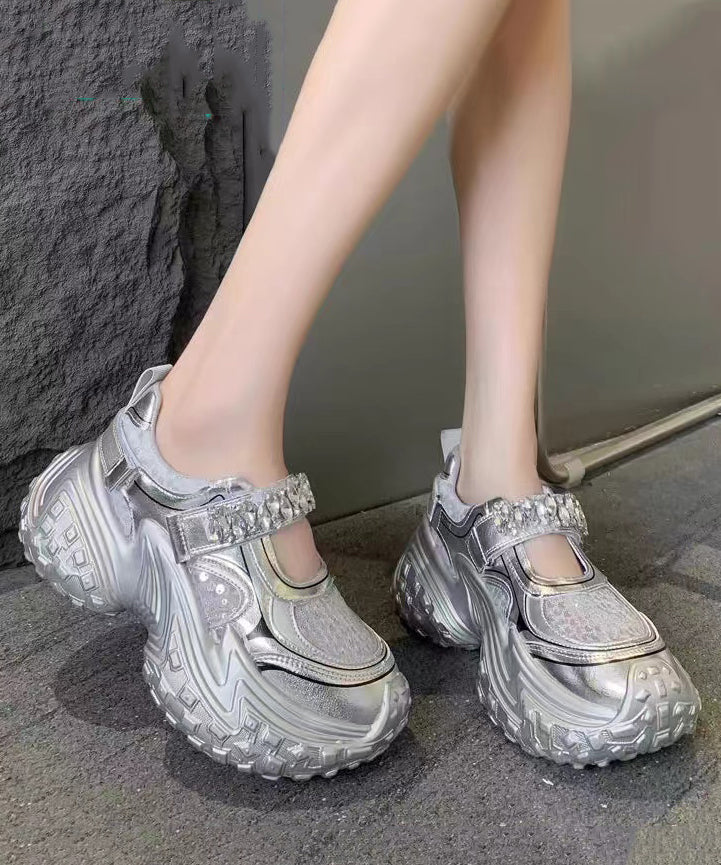 Fashion Silver Platform Sequins Zircon Breathable Mesh Sport Shoes QK054 shoe-LX241013