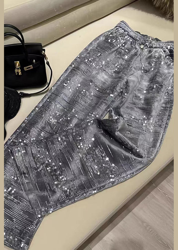 Fashion Silver Sequins Elastic Waist Straight Pants Spring BV041 MZF-LPTS240702