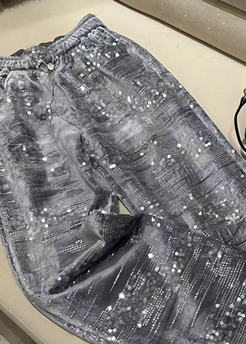 Fashion Silver Sequins Elastic Waist Straight Pants Spring BV041 MZF-LPTS240702