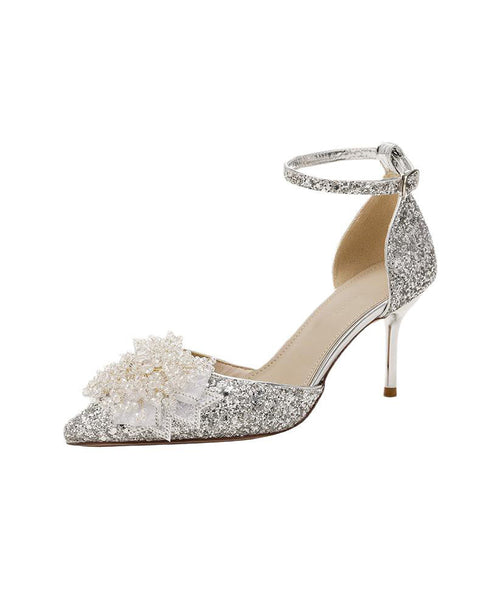 Fashion Splicing Sequins Pointed Silver Stiletto Heels High Toe FashionChic