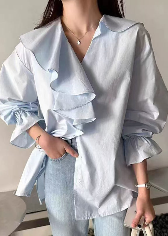 Cotton Ruffles Blue Asymmetrical Sky Fall Fashion Shirt FashionChic