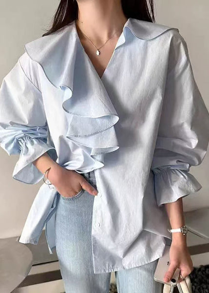 Cotton Ruffles Blue Asymmetrical Sky Fall Fashion Shirt FashionChic