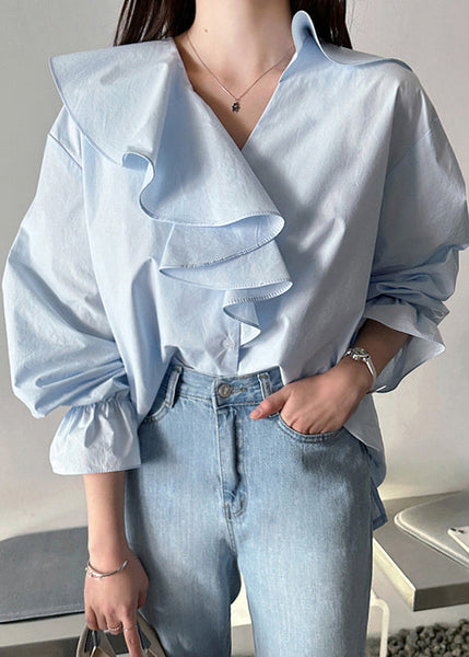 Cotton Ruffles Blue Asymmetrical Sky Fall Fashion Shirt FashionChic