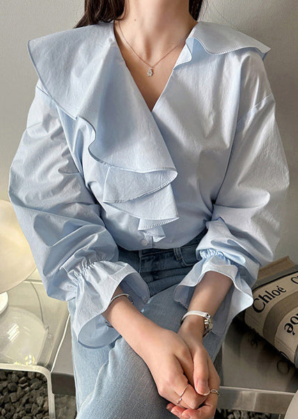 Cotton Ruffles Blue Asymmetrical Sky Fall Fashion Shirt FashionChic