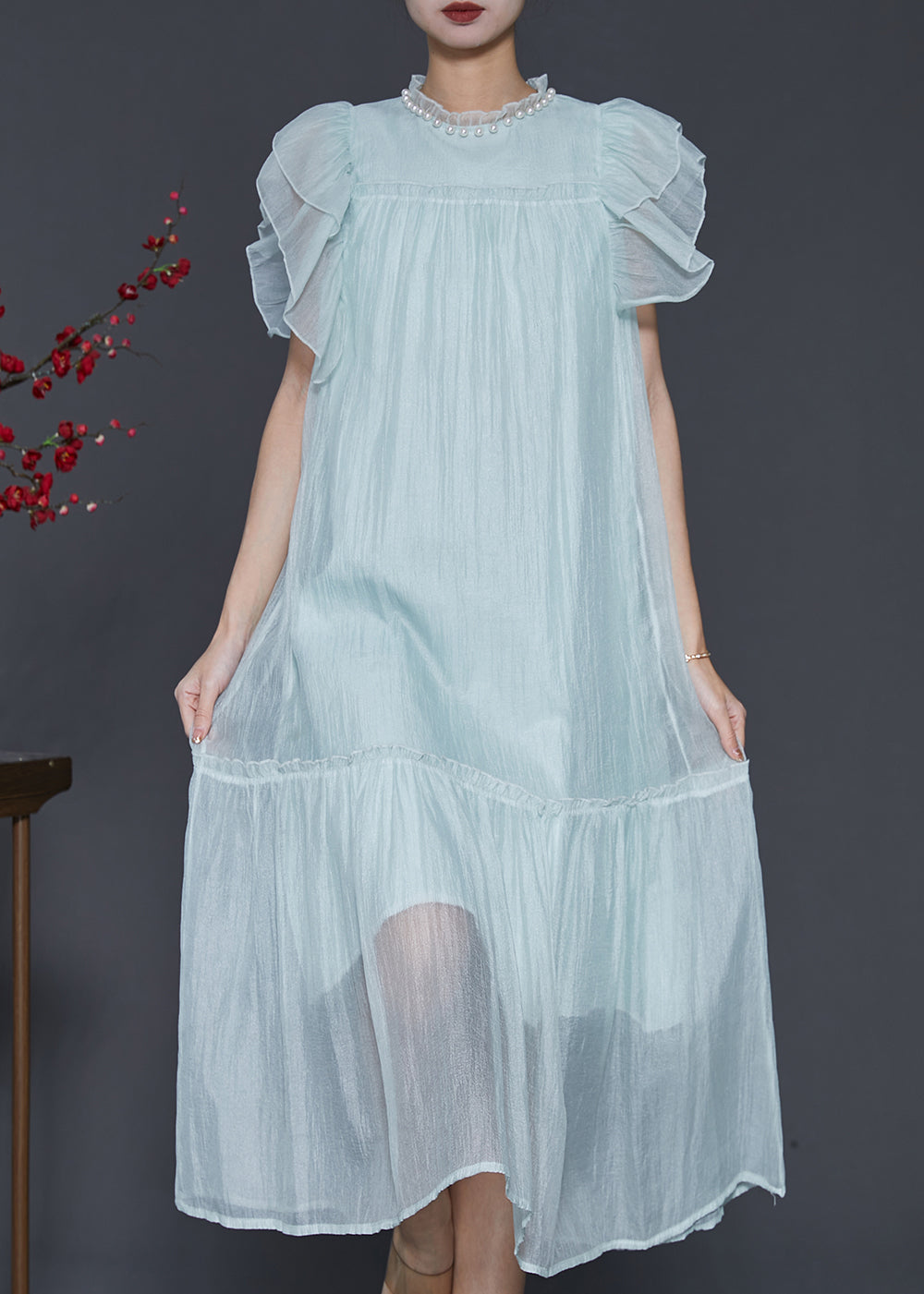 Fashion Sky Blue Ruffled Silk Maxi Dresses Summer SD1099 Ada Fashion