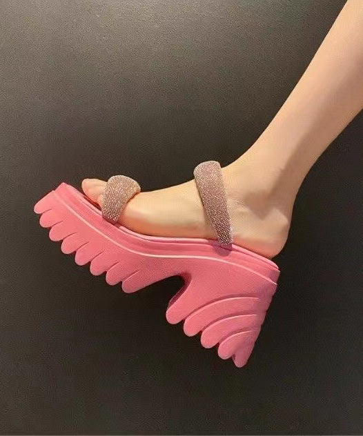 Fashion Soft Chunky Heel Pink Zircon Faux Leather Slide Sandals XC1009 Ada Fashion