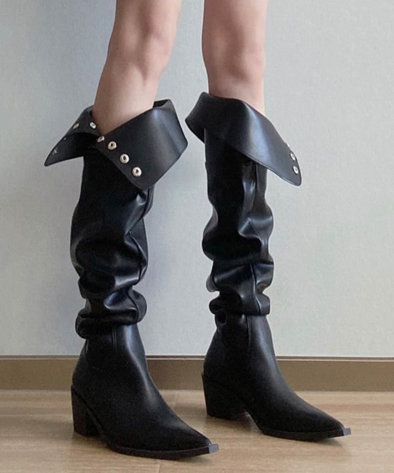 Fashion Splicing Chunky Knee Boots Black Faux Leather WT019 shoe-XZ241030