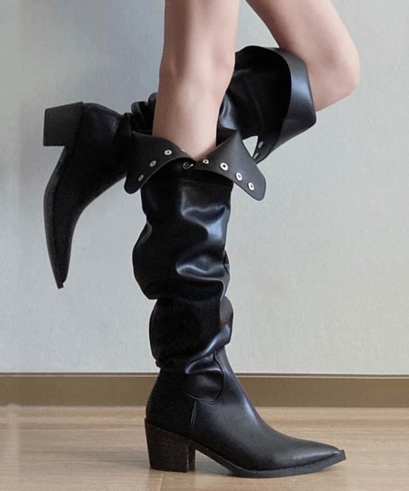 Fashion Splicing Chunky Knee Boots Black Faux Leather WT019 shoe-XZ241030