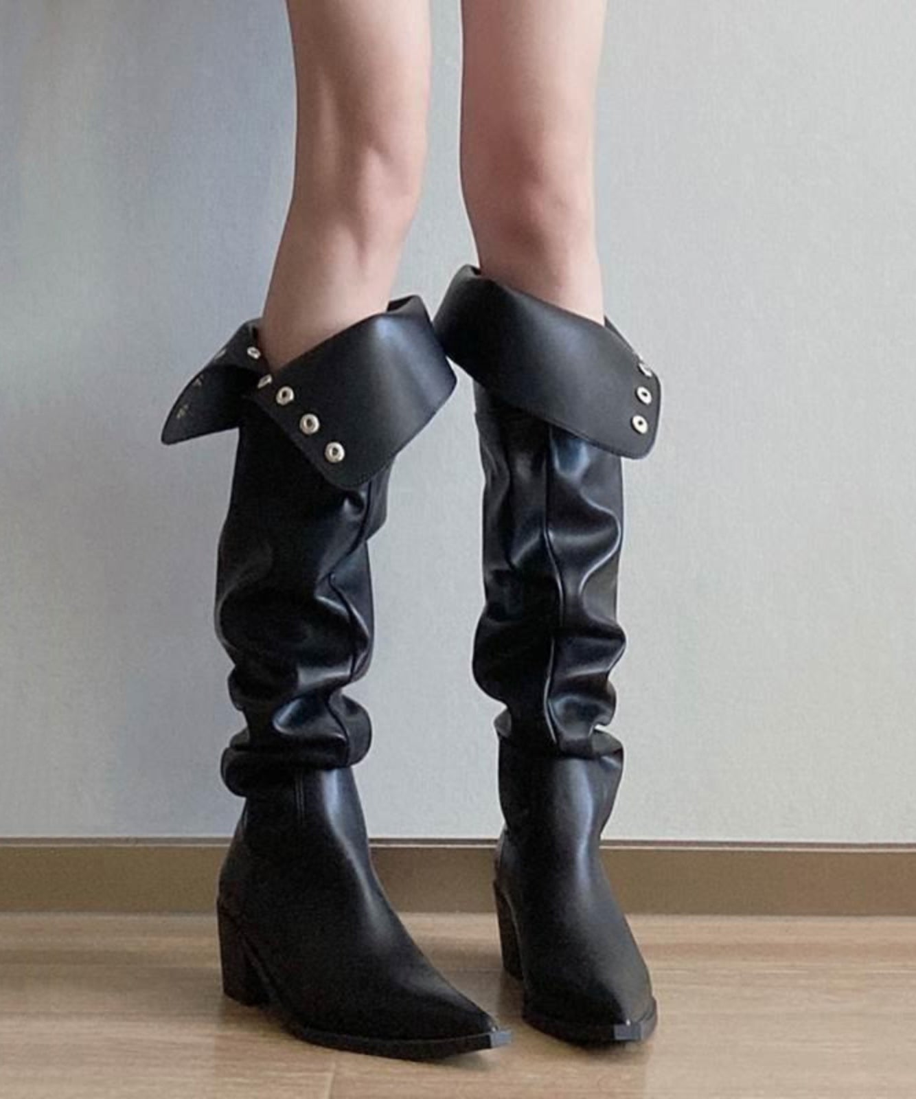 Fashion Splicing Chunky Knee Boots Black Faux Leather WT019 shoe-XZ241030