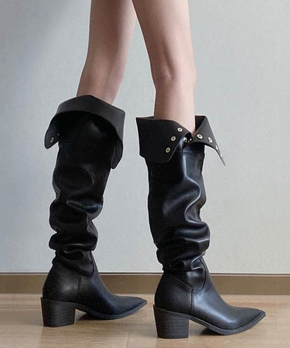 Fashion Splicing Chunky Knee Boots Black Faux Leather WT019 shoe-XZ241030