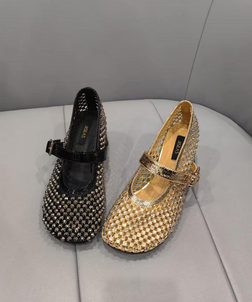 Fashion Black Mesh Zircon Breathable Splicing Chunky Shoes FashionChic