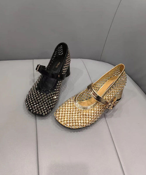 Fashion Black Mesh Zircon Breathable Splicing Chunky Shoes FashionChic