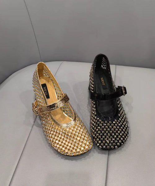 Fashion Black Mesh Zircon Breathable Splicing Chunky Shoes FashionChic