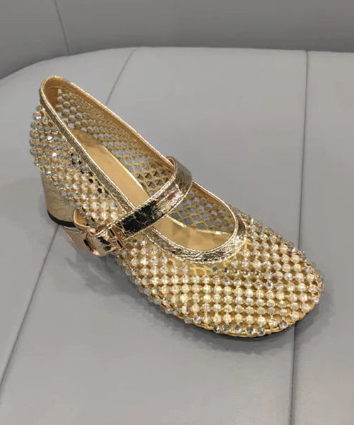 Fashion Black Mesh Zircon Breathable Splicing Chunky Shoes FashionChic