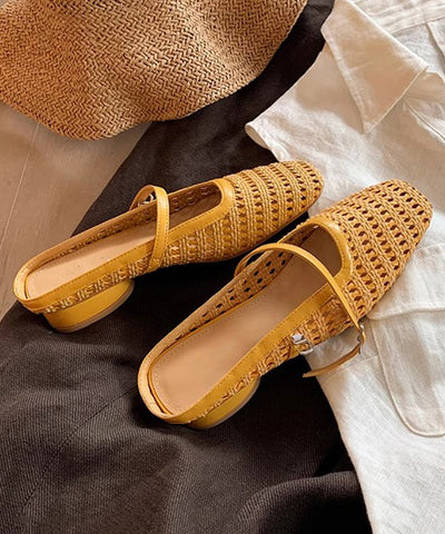Fashion Faux Chunky Yellow Splicing Leather Slide Out Hollow FashionChic