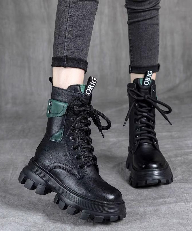 Fashion Splicing Platform Boots Black Cowhide Leather Lace Up RX023 ABC