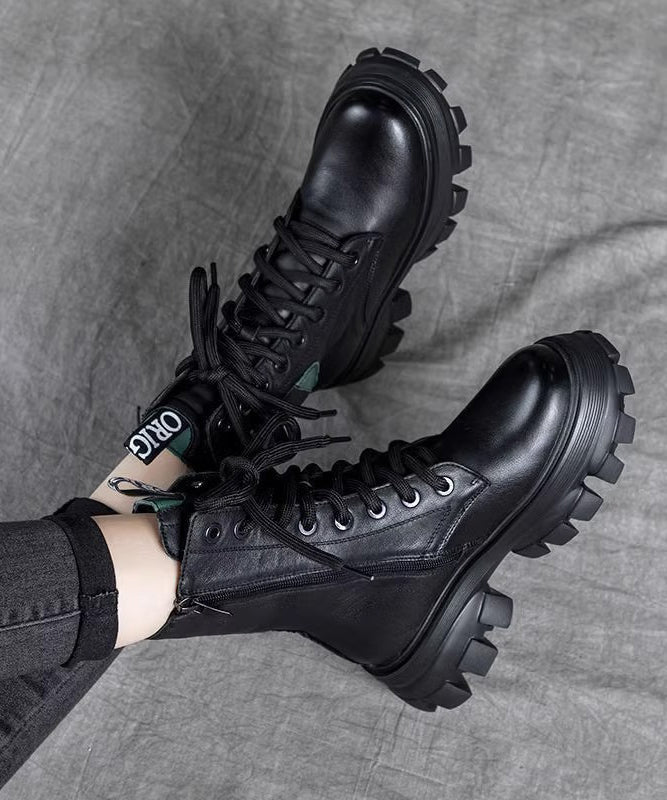 Fashion Splicing Platform Boots Black Cowhide Leather Lace Up RX023 ABC