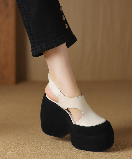 Cowhide White Leather Splicing Sandals Fashion Platform Hollow FashionChic