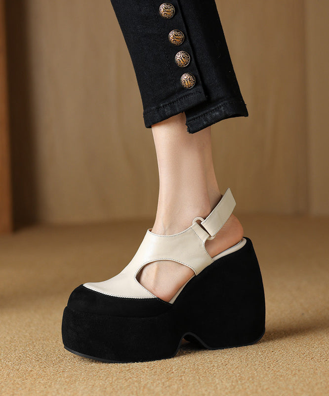Cowhide White Leather Splicing Sandals Fashion Platform Hollow FashionChic