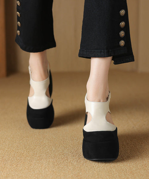 Cowhide White Leather Splicing Sandals Fashion Platform Hollow FashionChic