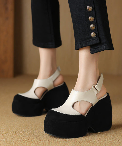 Cowhide White Leather Splicing Sandals Fashion Platform Hollow FashionChic