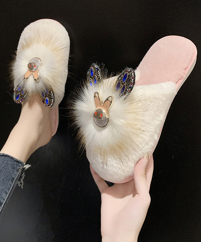 Fashion Splicing Slippers Shoes Khaki Fuzzy Fur Zircon RX019 ABC