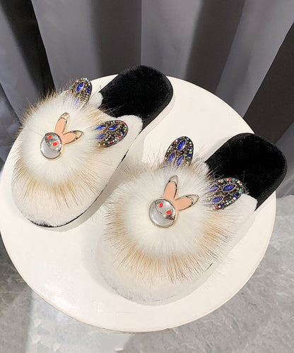 Fashion Splicing Slippers Shoes Khaki Fuzzy Fur Zircon RX019 ABC