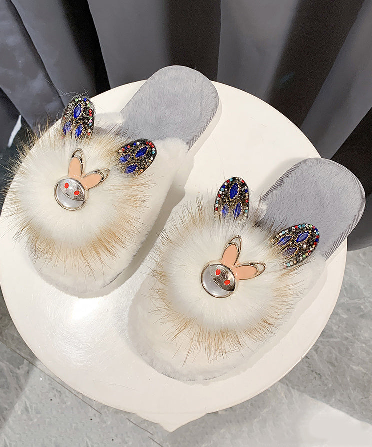 Fashion Splicing Slippers Shoes Khaki Fuzzy Fur Zircon RX019 ABC