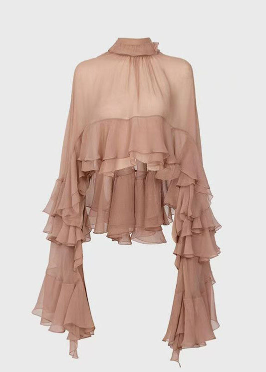 Fashion Stand Collar Ruffled Patchwork Chiffon Shirt Long Sleeve QA003 HS-LTP241011