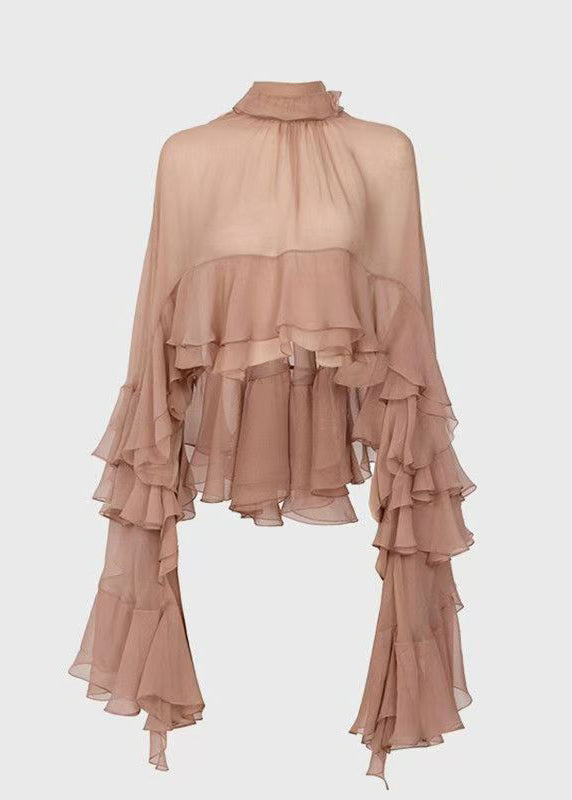 Fashion Stand Collar Ruffled Patchwork Chiffon Shirt Long Sleeve QA003 HS-LTP241011