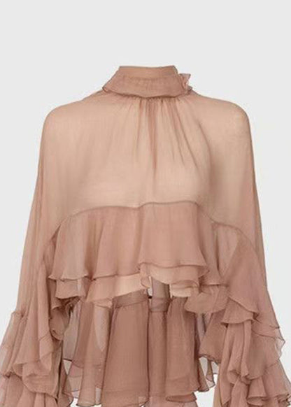 Fashion Stand Collar Ruffled Patchwork Chiffon Shirt Long Sleeve QA003 HS-LTP241011