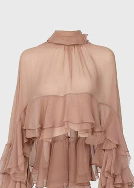 Fashion Stand Collar Ruffled Patchwork Chiffon Shirt Long Sleeve QA003 HS-LTP241011