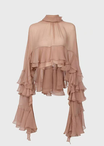 Fashion Stand Collar Ruffled Patchwork Chiffon Shirt Long Sleeve QA003 HS-LTP241011