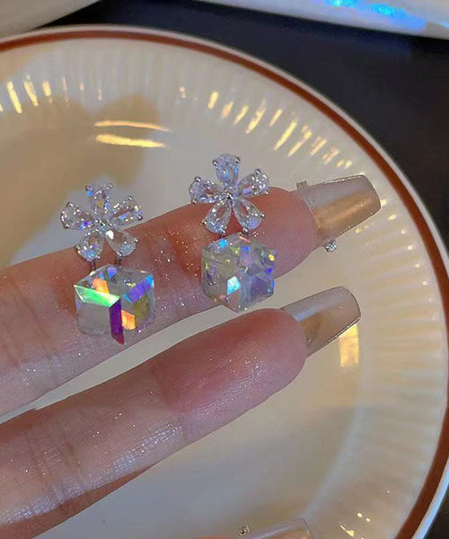 Crystal Sugar Fashion Drop Cube Silver Sterling Earrings FashionChic