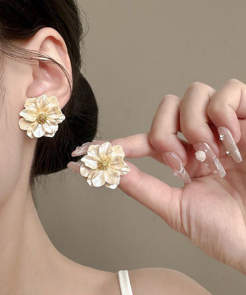 Copper Camellia Fashion Beige Acrylic Alloy Flower Stud Stylish FashionChic