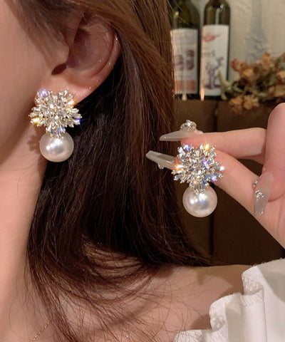 Fashion White Alloy Zircon Snowflake Pearl Stud Earrings YX010 ABC