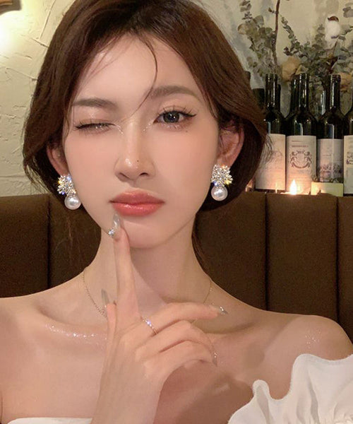 Fashion White Alloy Zircon Snowflake Pearl Stud Earrings YX010 ABC