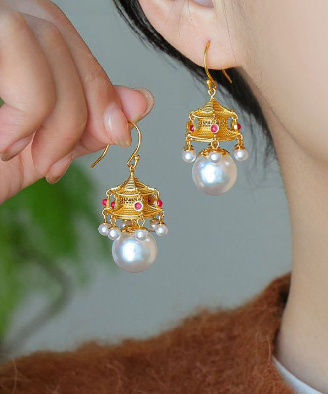 Fashion White Ancient Gold Pearl Agate Palace Lantern Drop Earrings GH1083 Ada Fashion