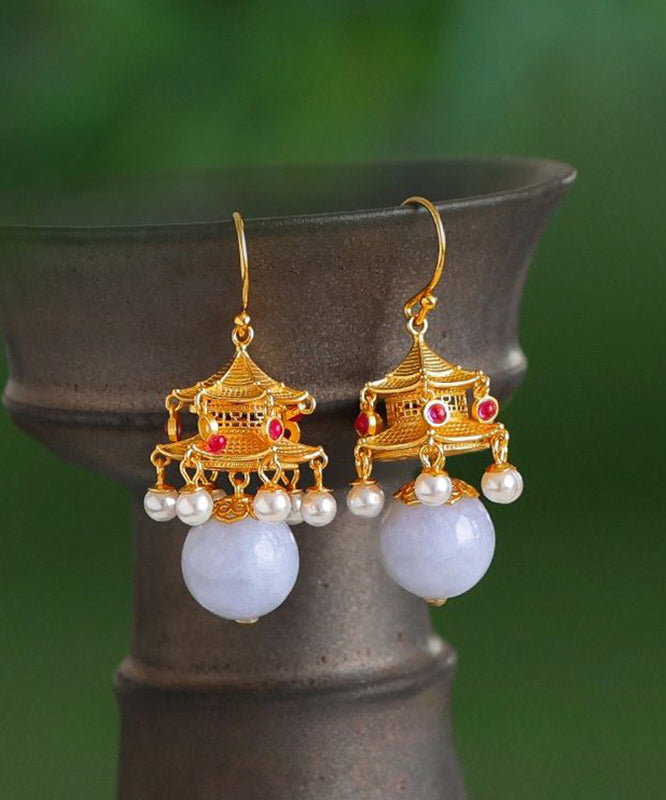 Fashion White Ancient Gold Pearl Agate Palace Lantern Drop Earrings GH1083 Ada Fashion