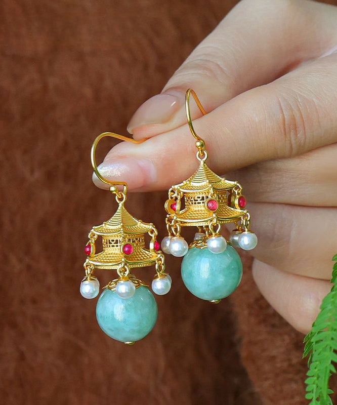 Fashion White Ancient Gold Pearl Agate Palace Lantern Drop Earrings GH1083 Ada Fashion