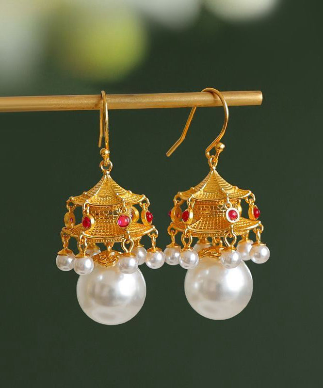 Fashion White Ancient Gold Pearl Agate Palace Lantern Drop Earrings GH1083 Ada Fashion