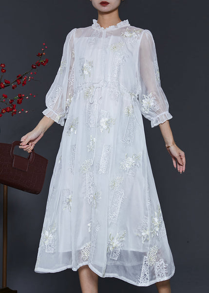 Fashion White Embroidered Silk Cinched Dresses Summer SD1045 Ada Fashion