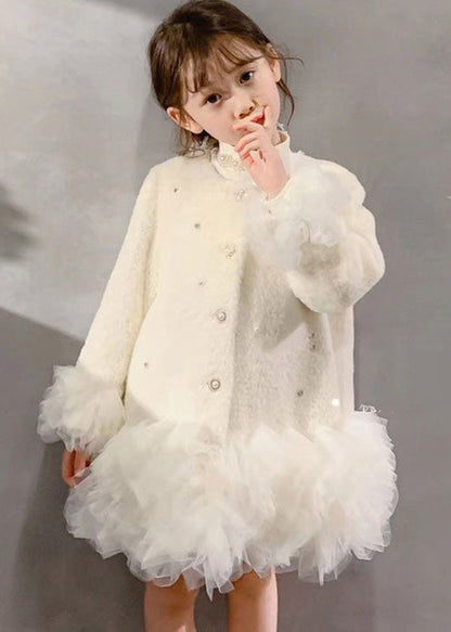 Fashion White O-Neck Button Tulle Patchwork Girls Mid Dresses Winter WL021 MM-RCTZ-FDGM241120