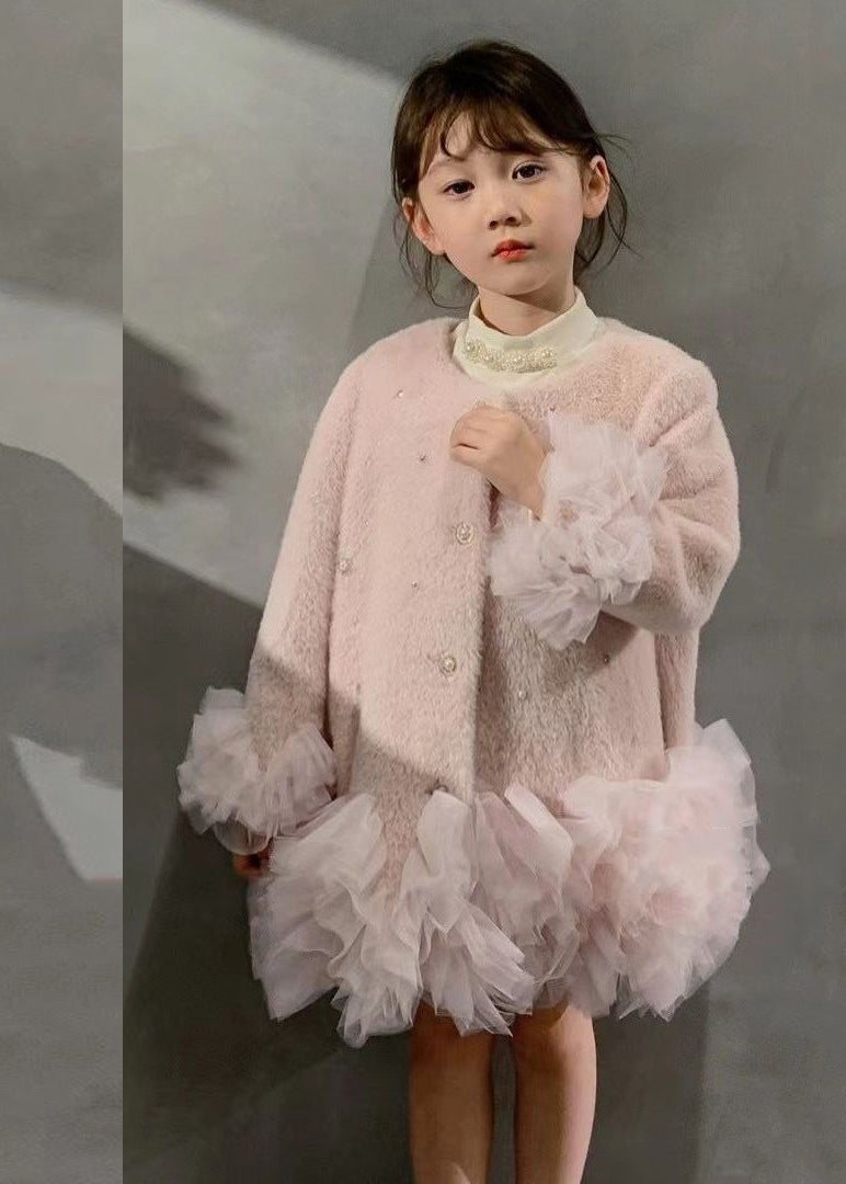 Fashion White O-Neck Button Tulle Patchwork Girls Mid Dresses Winter WL021 MM-RCTZ-FDGM241120