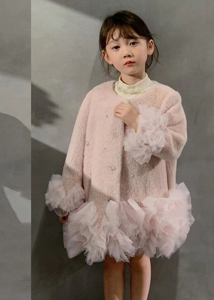 Fashion White O-Neck Button Tulle Patchwork Girls Mid Dresses Winter WL021 MM-RCTZ-FDGM241120