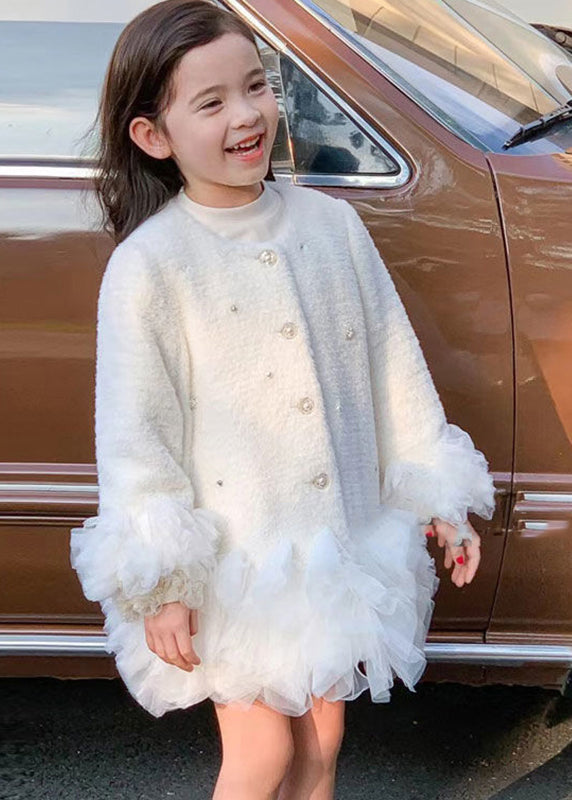 Fashion White O-Neck Button Tulle Patchwork Girls Mid Dresses Winter WL021 MM-RCTZ-FDGM241120