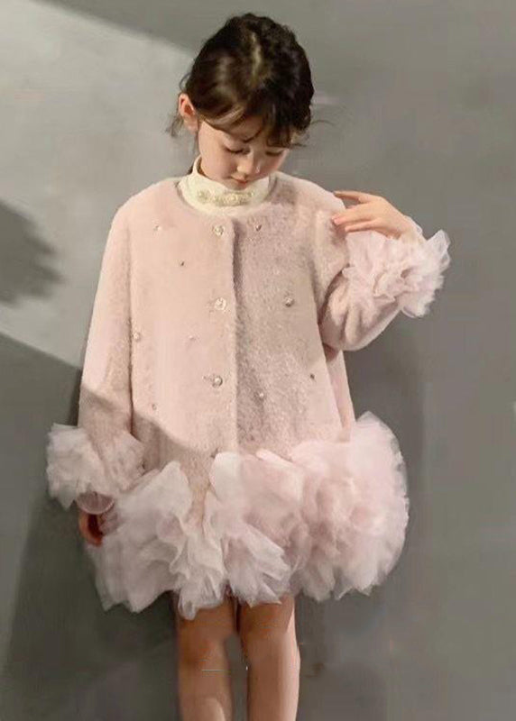 Fashion White O-Neck Button Tulle Patchwork Girls Mid Dresses Winter WL021 MM-RCTZ-FDGM241120