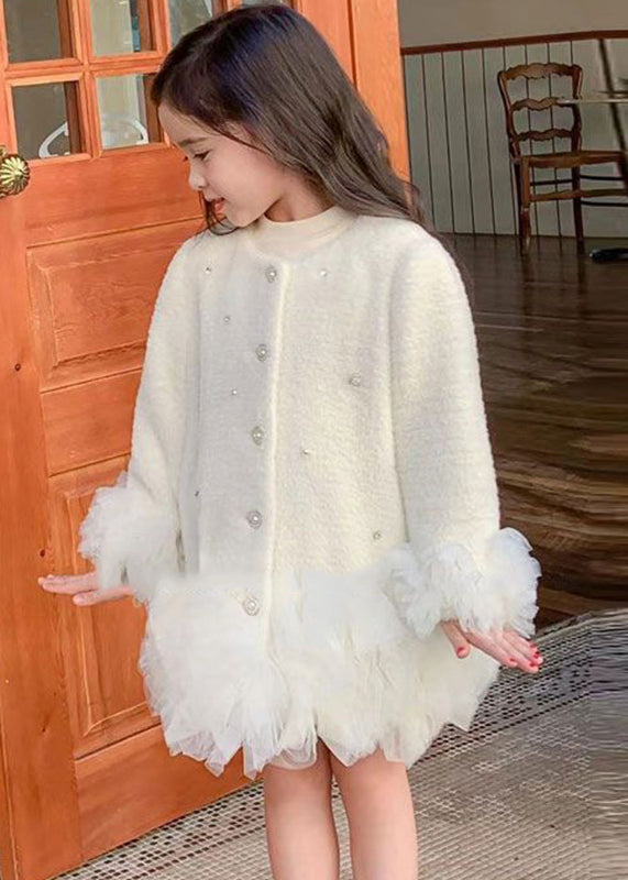 Fashion White O-Neck Button Tulle Patchwork Girls Mid Dresses Winter WL021 MM-RCTZ-FDGM241120