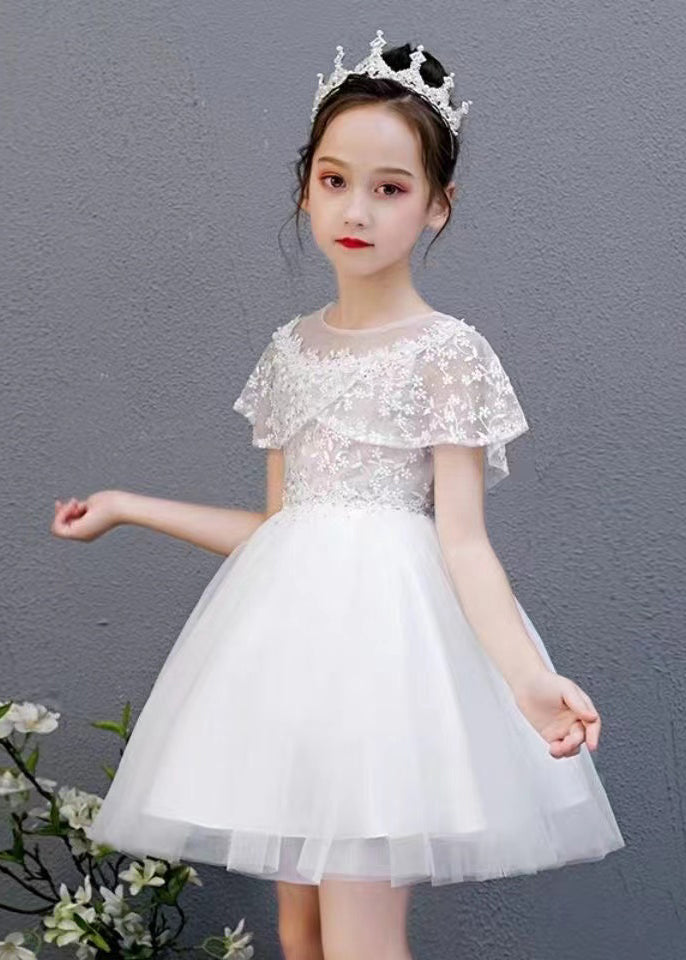 Fashion White O-Neck Embroideried Floral Tulle Kids Mid Dress Summer EW031 WS-JRTZSDL240810